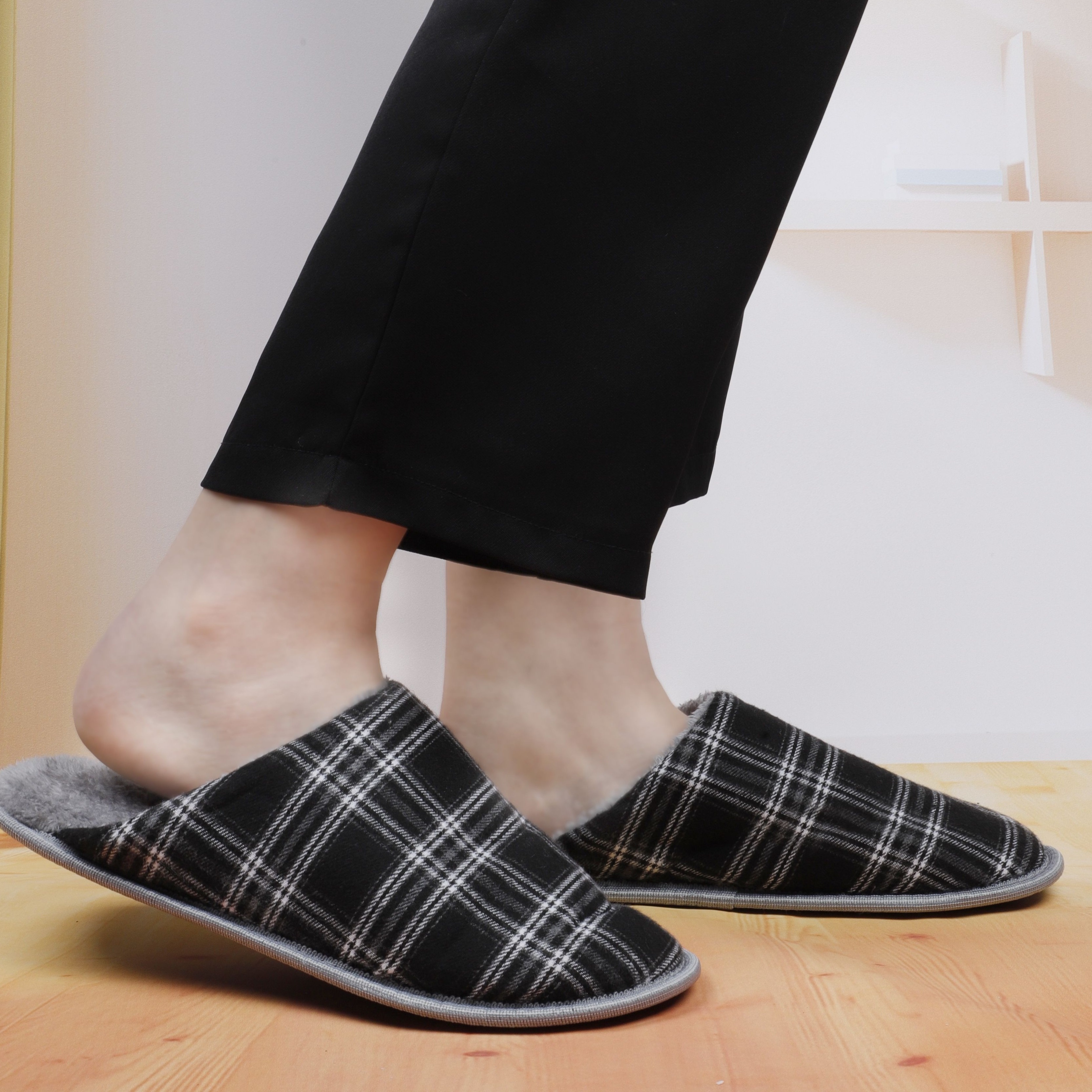 plaid home slippers soft cozy house slippers anti skid slip on shoes indoor for men winter shoes details 5