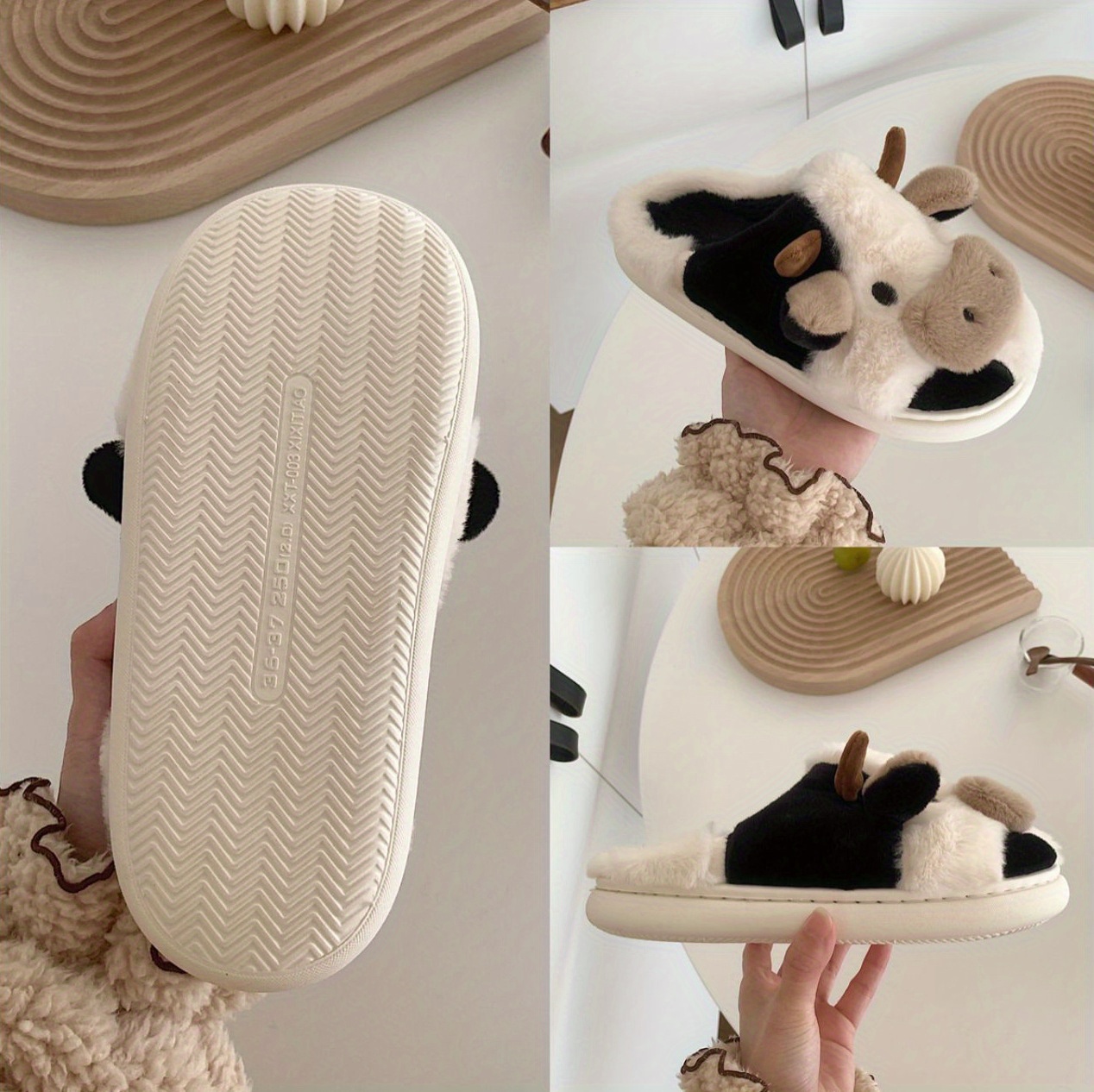 mens casual cartoon cow design warm furry plush lining slip on slides comfortable soft sole non slip open back house slippers for indoor details 3