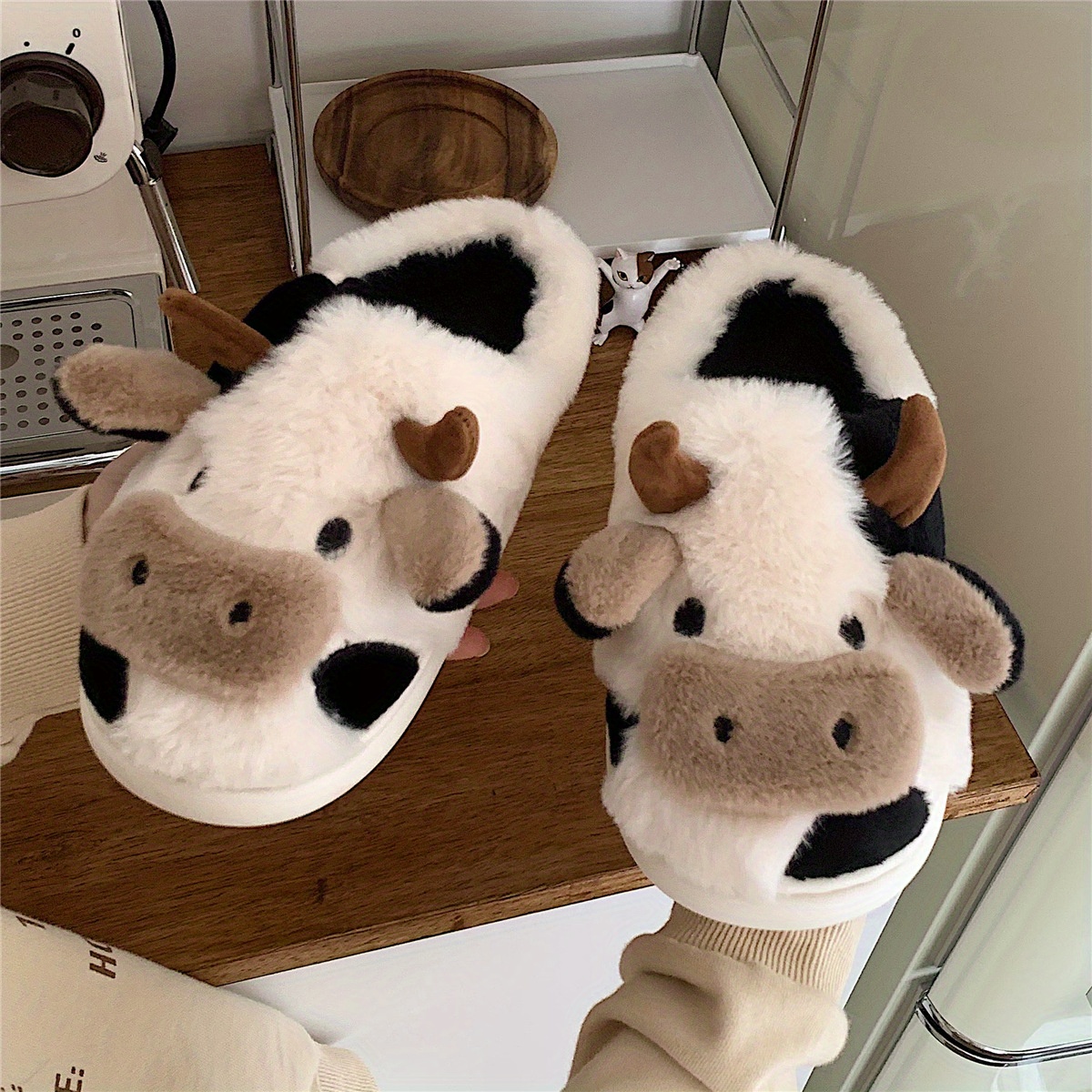 mens casual cartoon cow design warm furry plush lining slip on slides comfortable soft sole non slip open back house slippers for indoor details 4