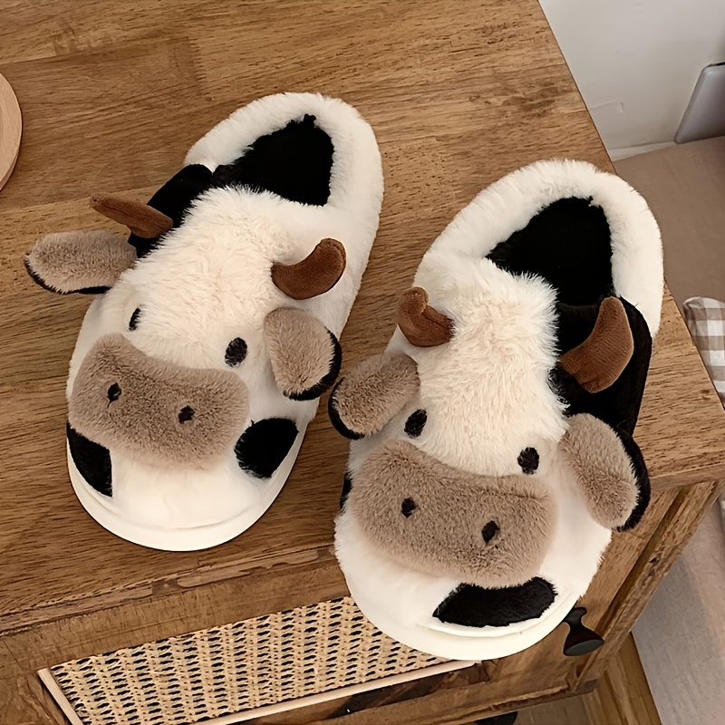 cow home slippers soft plush cozy house slippers anti skid slip on shoes indoor for men winter shoes details 3