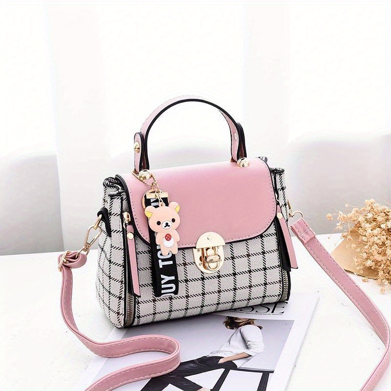 plaid pattern colorblock shoulder bag classic satchel bag womens all match flap bag details 0