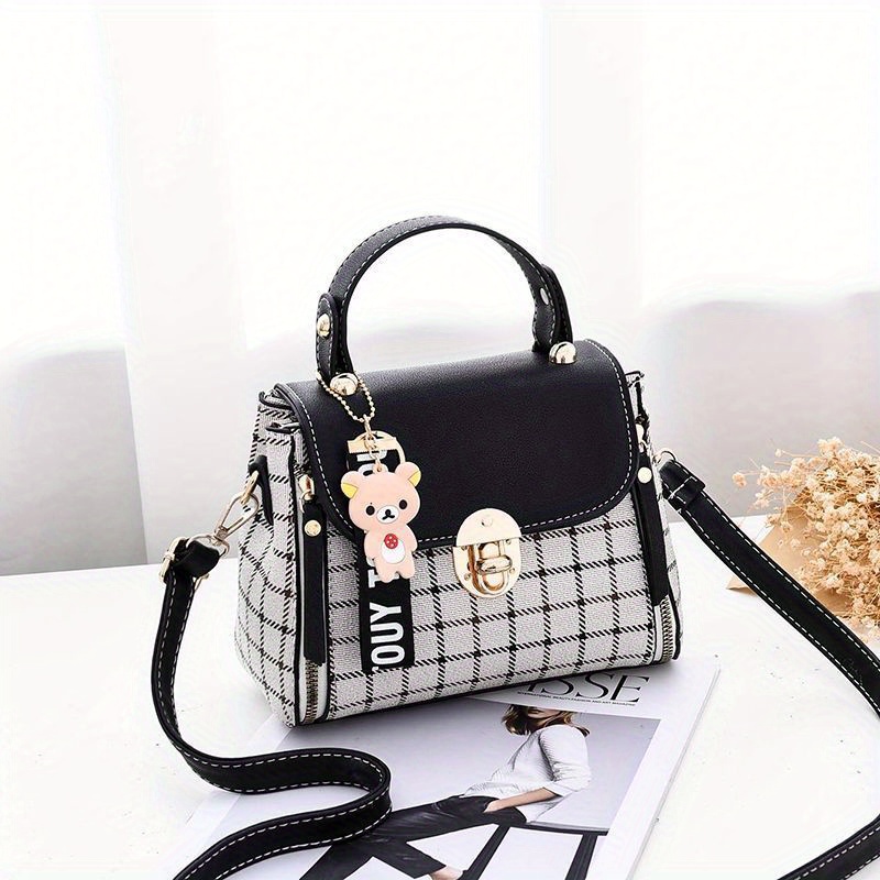 plaid pattern colorblock shoulder bag classic satchel bag womens all match flap bag details 1