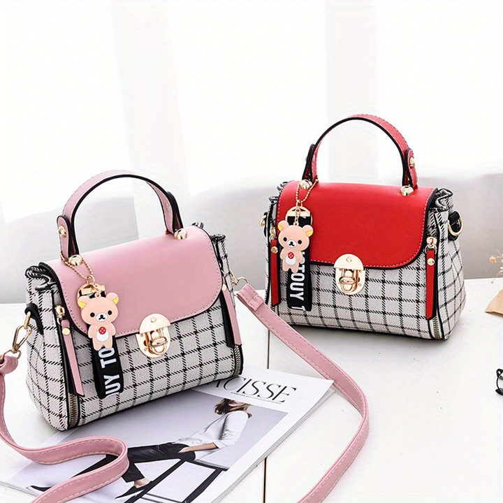 plaid pattern colorblock shoulder bag classic satchel bag womens all match flap bag details 3