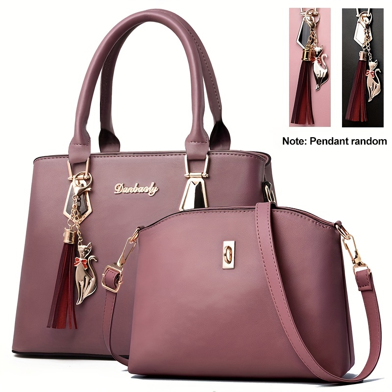 2pcs solid color bag set womens tassel decor handbags fashion turn lock crossbody bag details 3