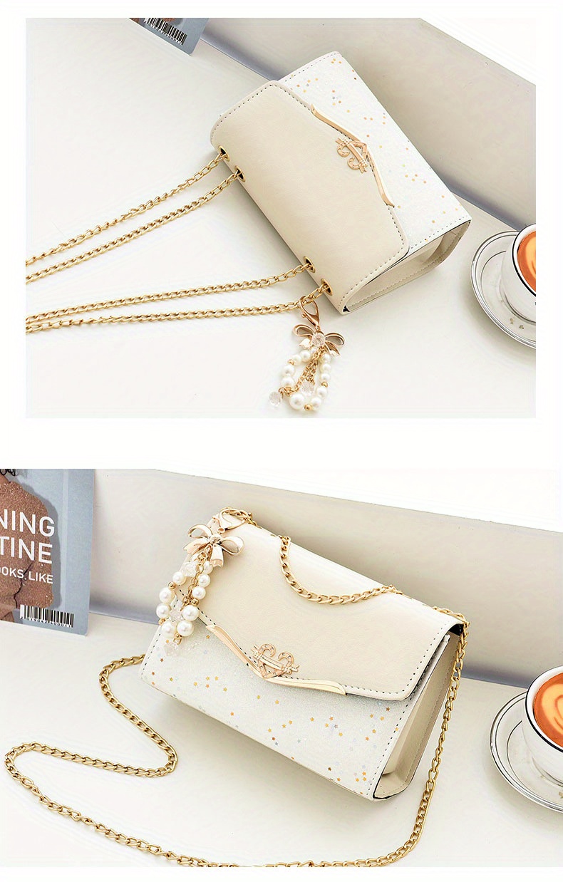 star sequins crossbody bag fashion chain shoulder bag heart bow decor square purse for women details 7