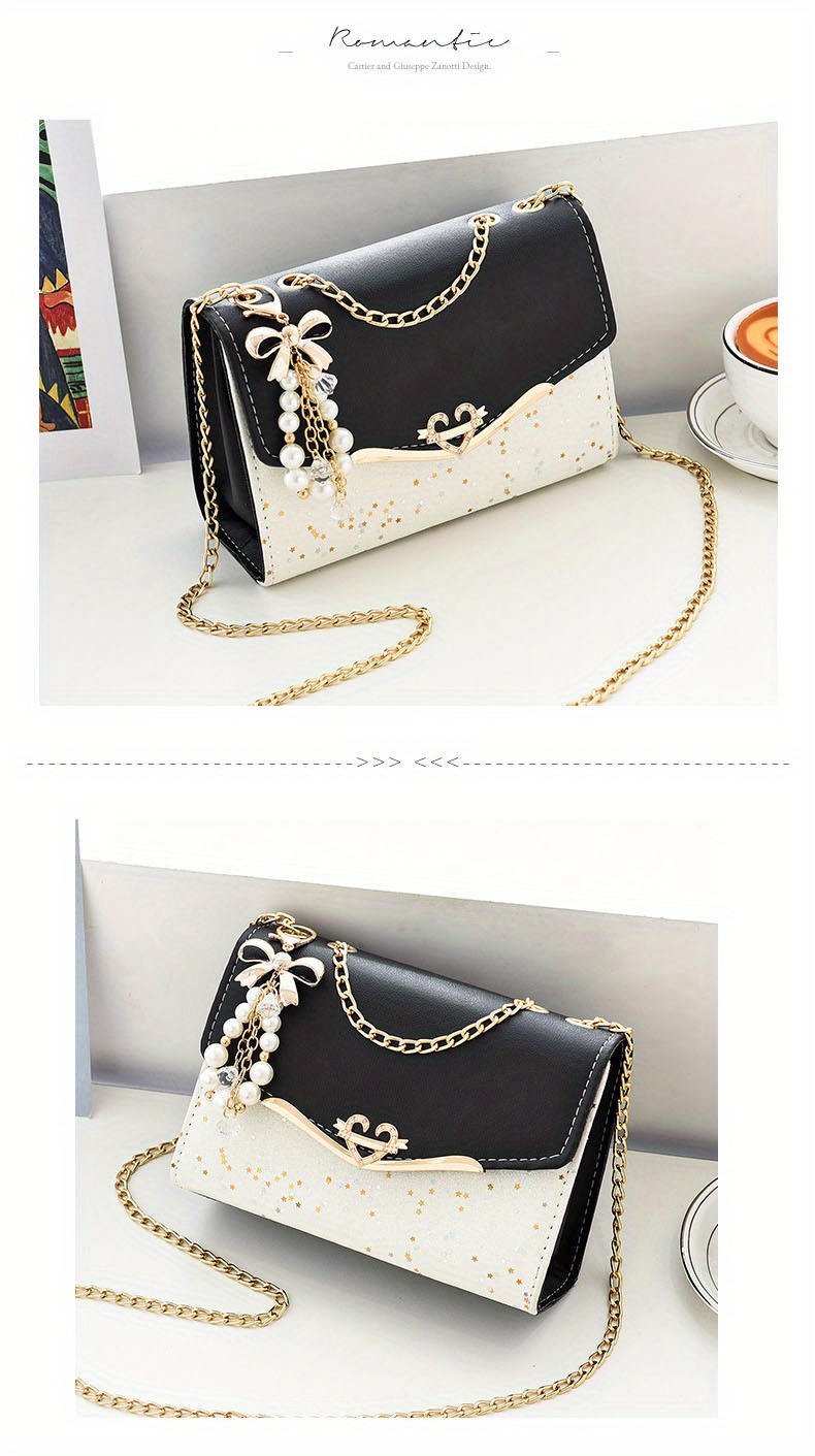 star sequins crossbody bag fashion chain shoulder bag heart bow decor square purse for women details 8