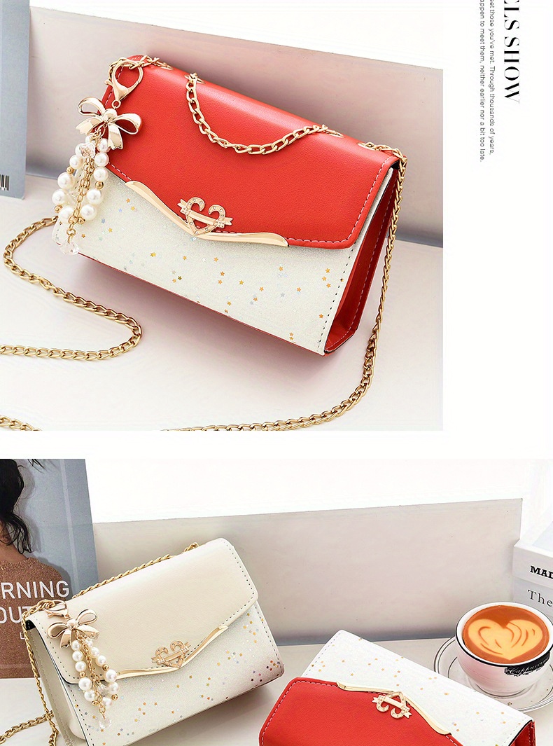 star sequins crossbody bag fashion chain shoulder bag heart bow decor square purse for women details 10