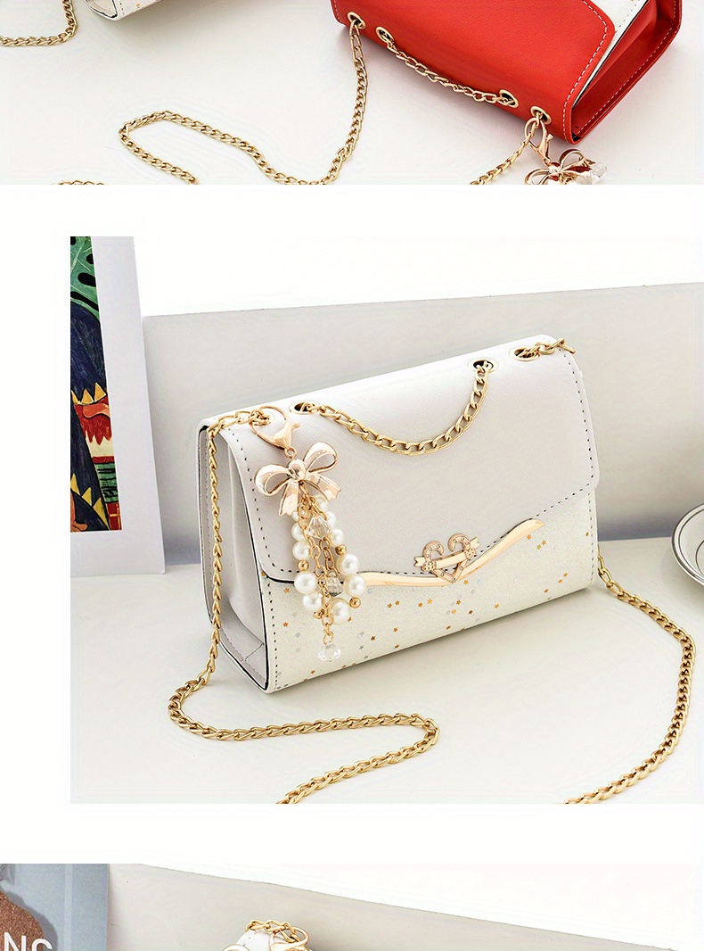 star sequins crossbody bag fashion chain shoulder bag heart bow decor square purse for women details 11