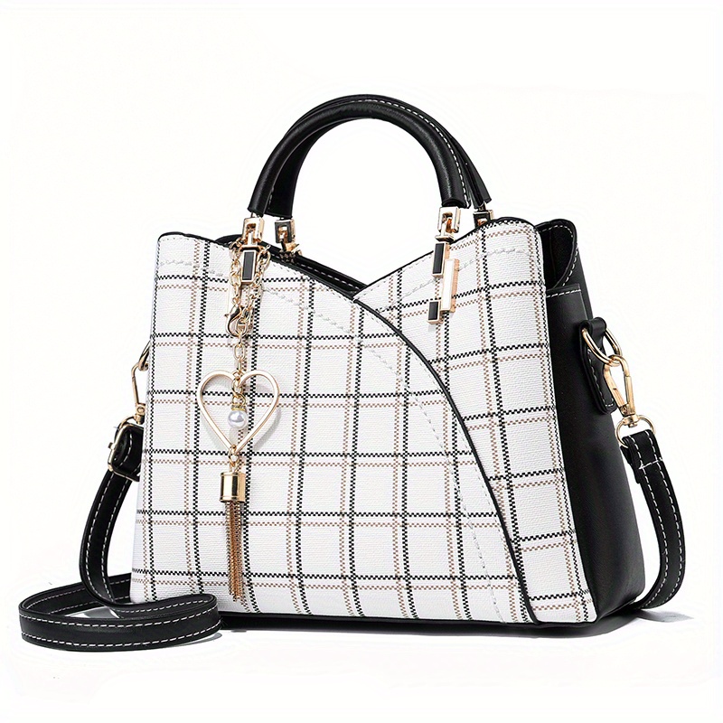 classic plaid pattern satchel bag trendy shoulder bag womens trendy handbag with tassel pendant details 1