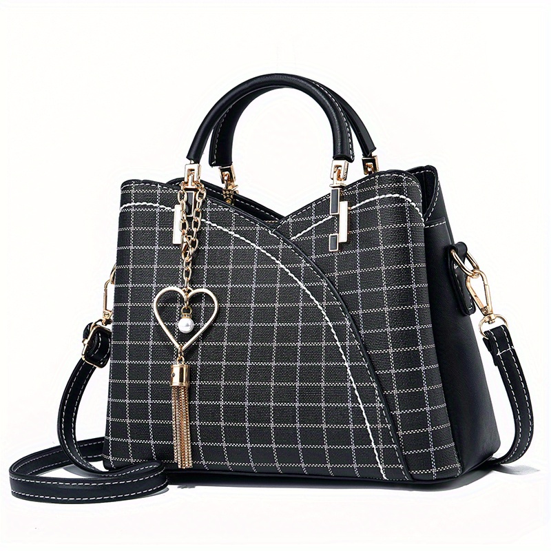 classic plaid pattern satchel bag trendy shoulder bag womens trendy handbag with tassel pendant details 2