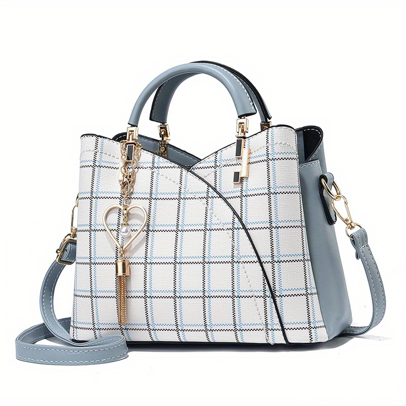 classic plaid pattern satchel bag trendy shoulder bag womens trendy handbag with tassel pendant details 7