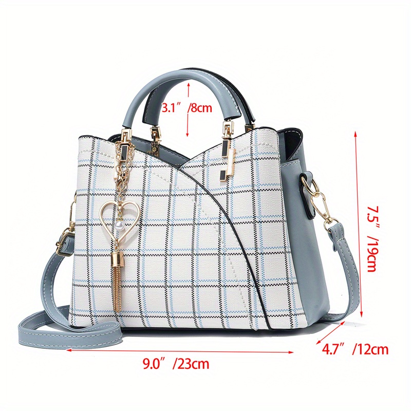 classic plaid pattern satchel bag trendy shoulder bag womens trendy handbag with tassel pendant details 9