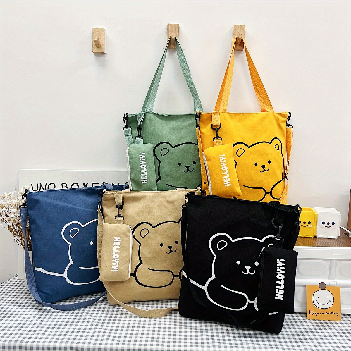 cartoon cute bear shoulder bag large capacity canvas crossbody bag with little pouch portable adjustable bag sets details 0