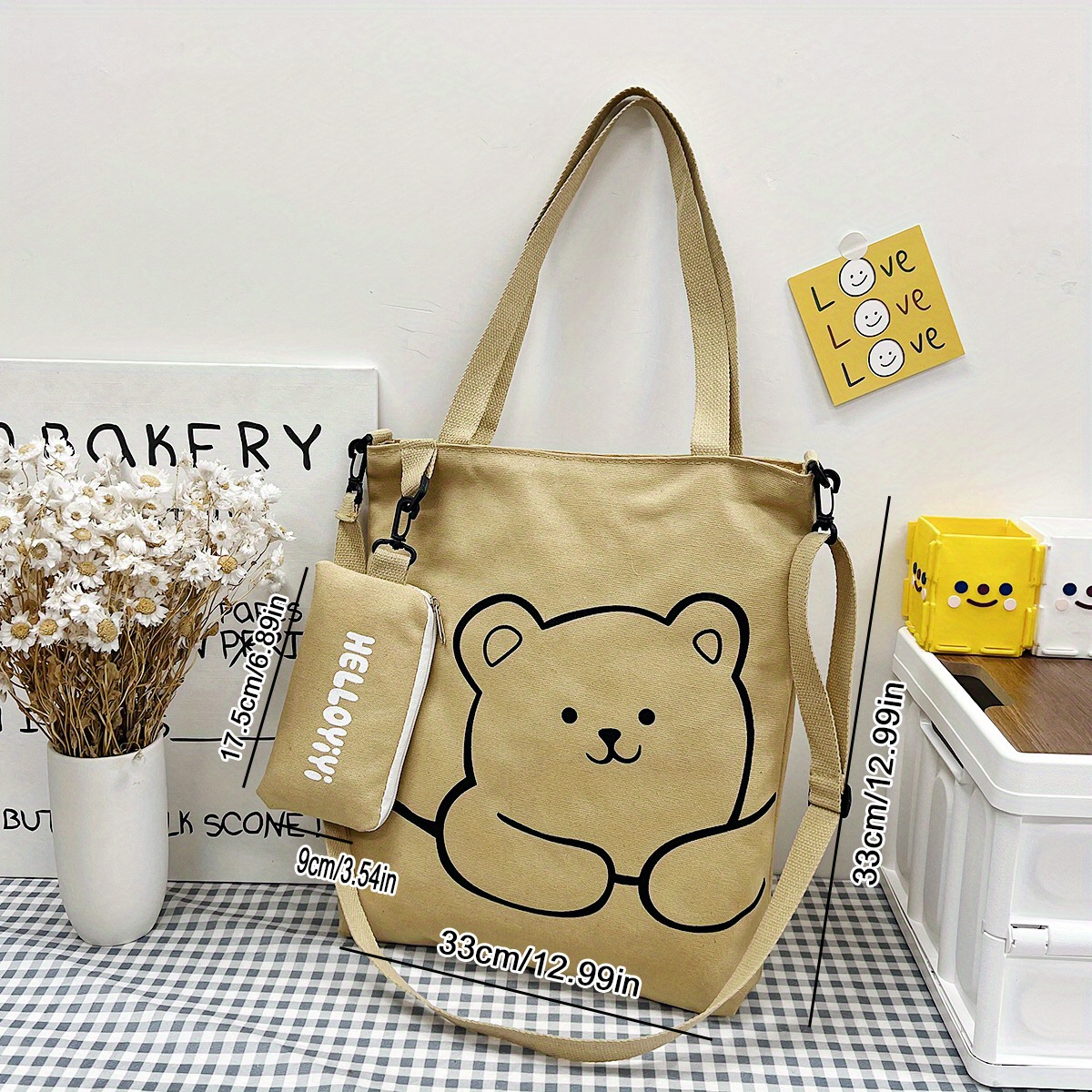 cartoon cute bear shoulder bag large capacity canvas crossbody bag with little pouch portable adjustable bag sets details 1