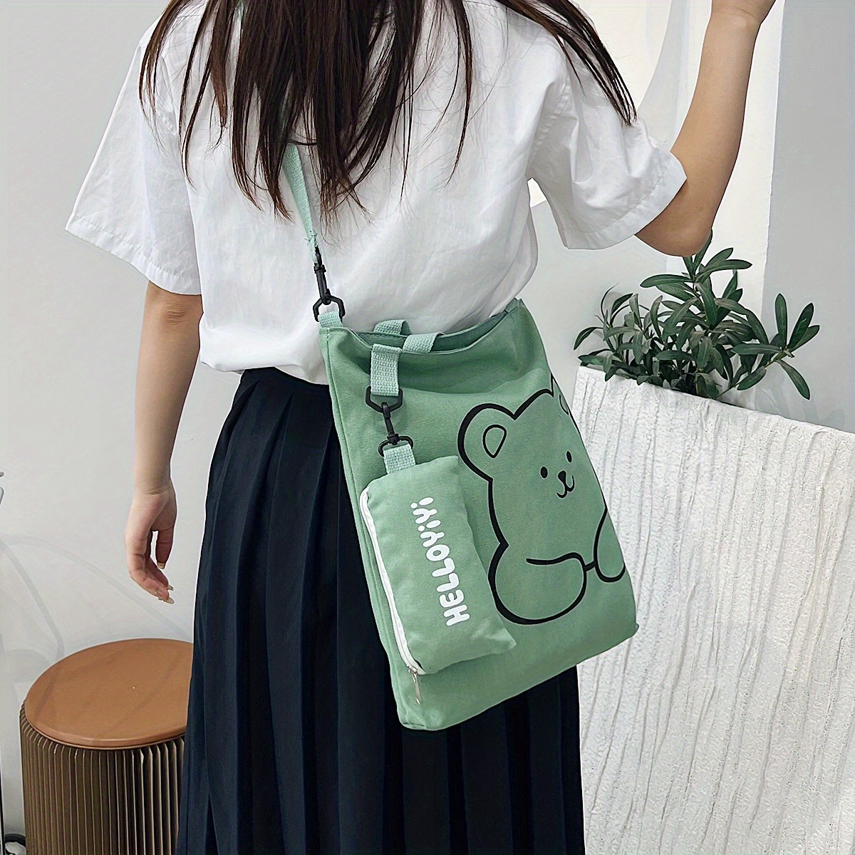 cartoon cute bear shoulder bag large capacity canvas crossbody bag with little pouch portable adjustable bag sets details 2