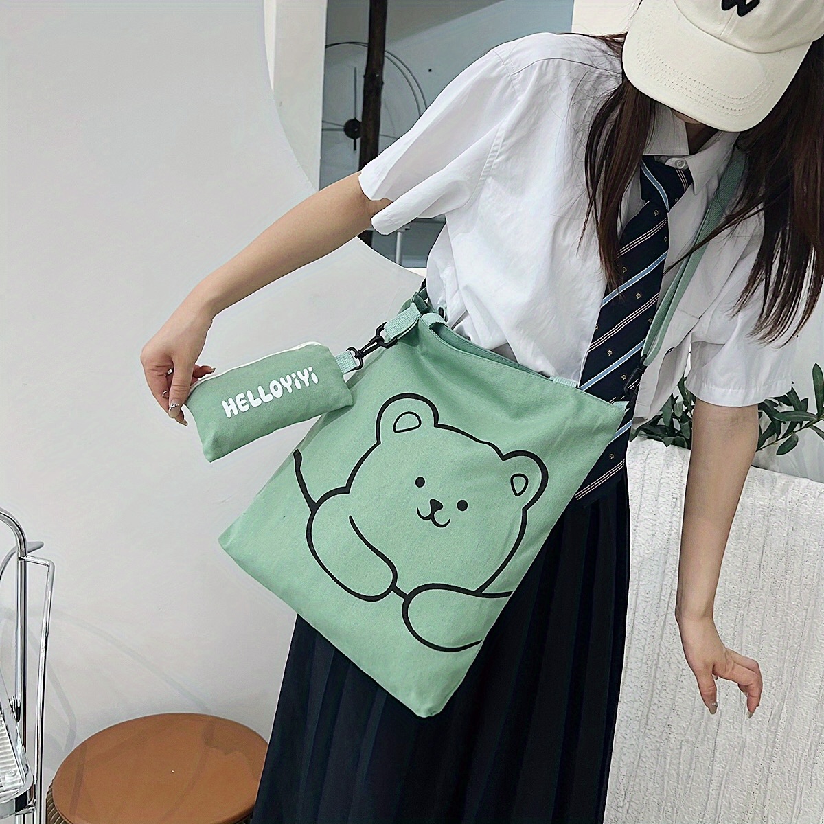 cartoon cute bear shoulder bag large capacity canvas crossbody bag with little pouch portable adjustable bag sets details 3