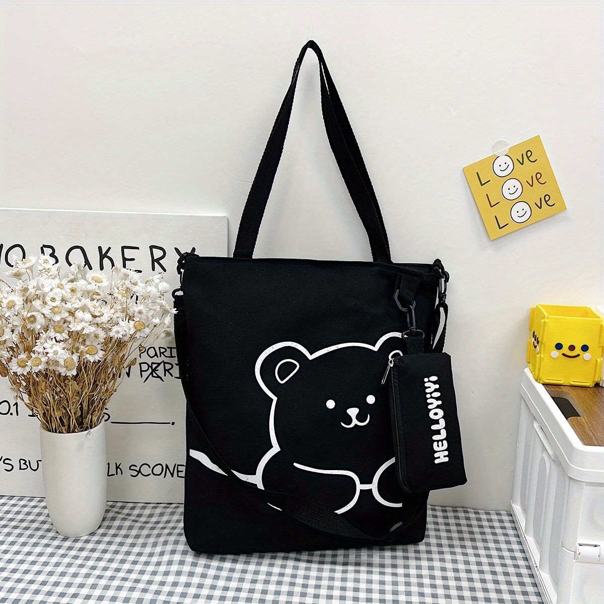 cartoon cute bear shoulder bag large capacity canvas crossbody bag with little pouch portable adjustable bag sets details 4