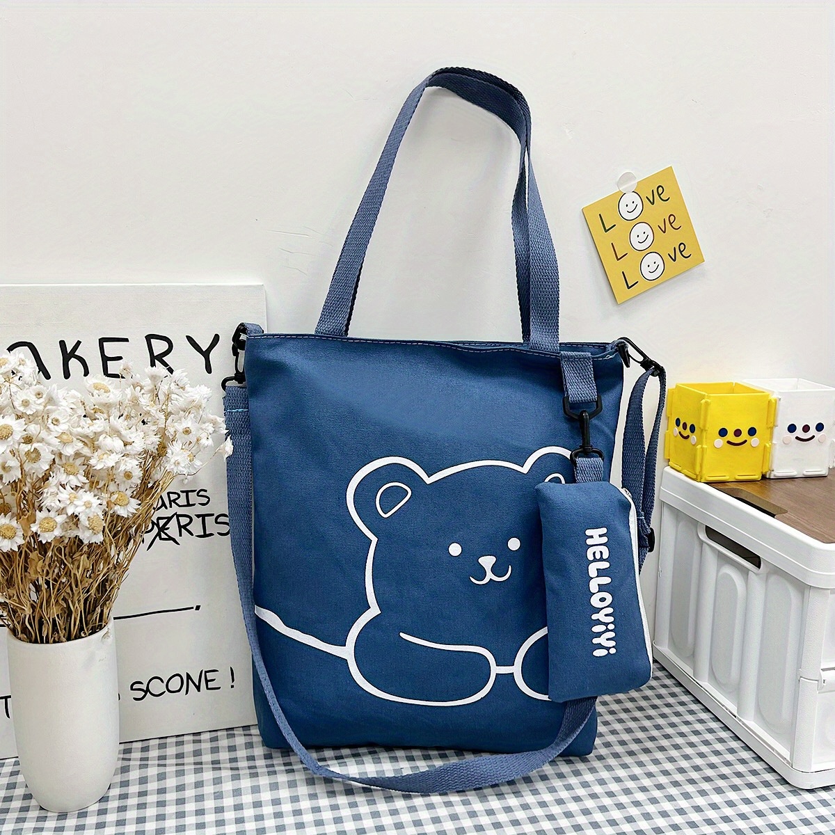 cartoon cute bear shoulder bag large capacity canvas crossbody bag with little pouch portable adjustable bag sets details 6