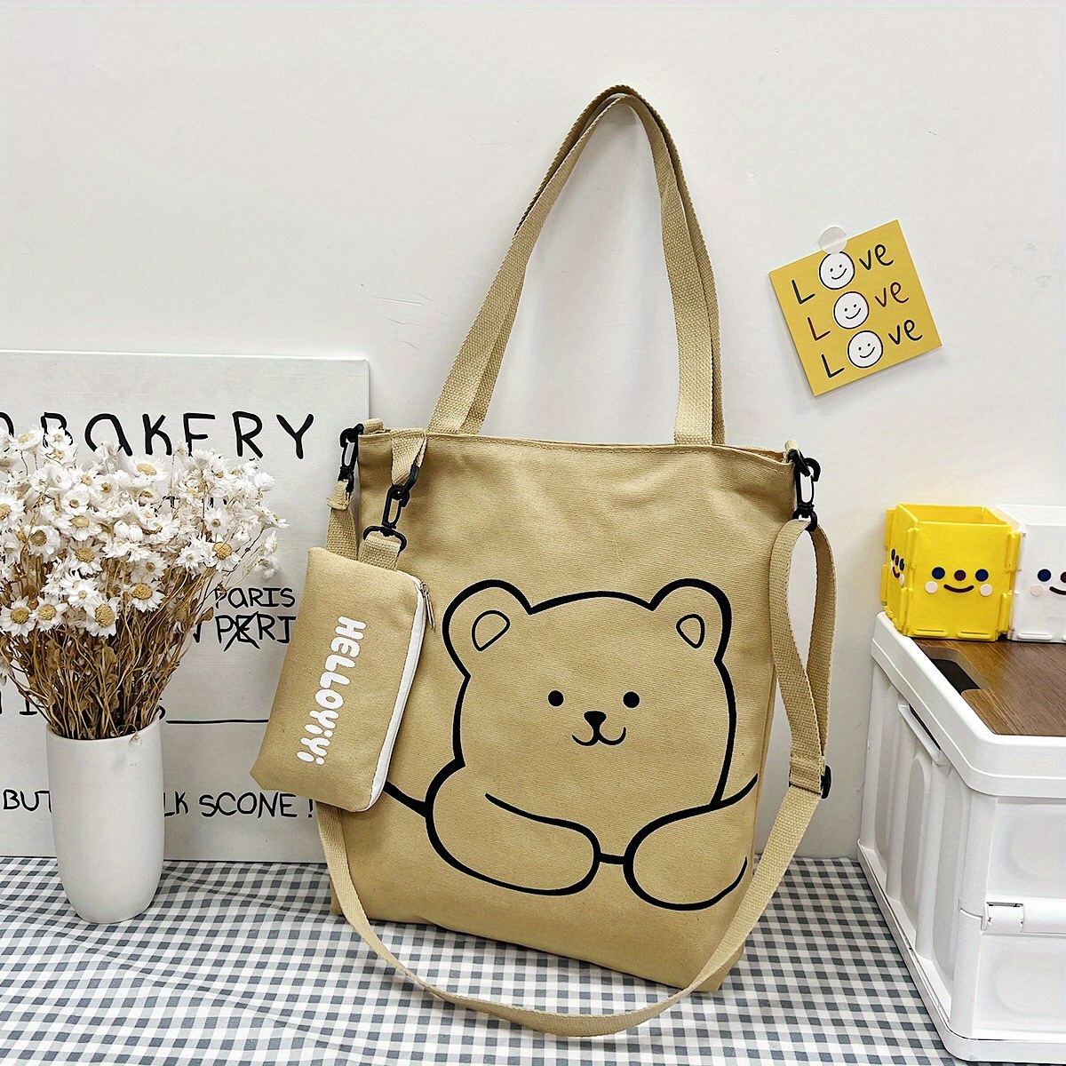 cartoon cute bear shoulder bag large capacity canvas crossbody bag with little pouch portable adjustable bag sets details 7