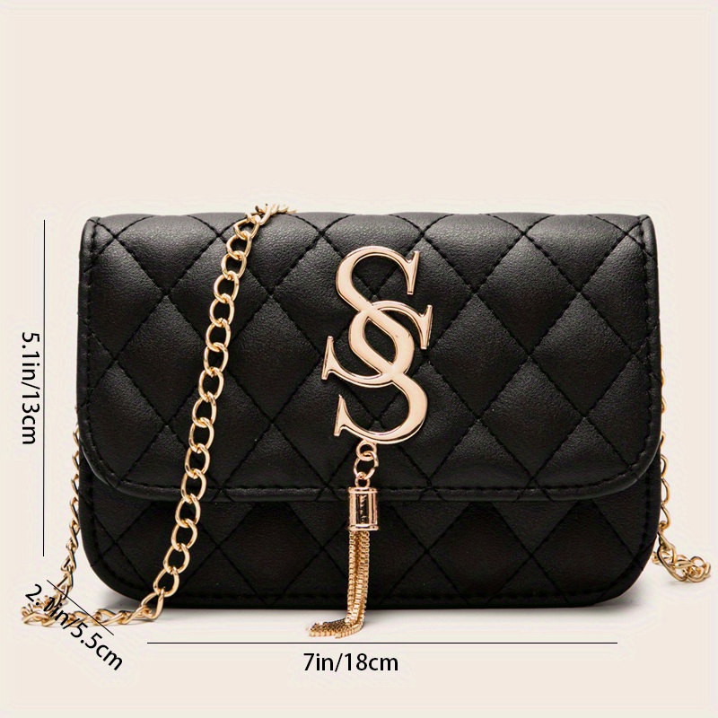 stylish chain crossbody bag womens argyle quilted square flap purse tassel decor shoulder bag details 5