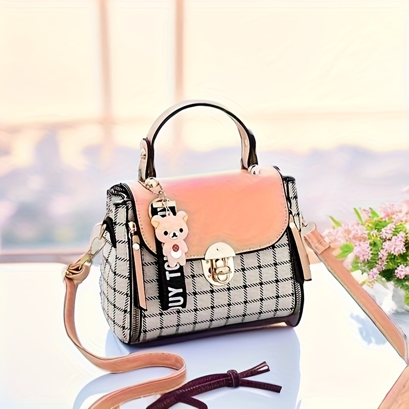 top handle plaid crossbody bag pu leather textured bag purse classic versatile fashion shoulder bag details 2