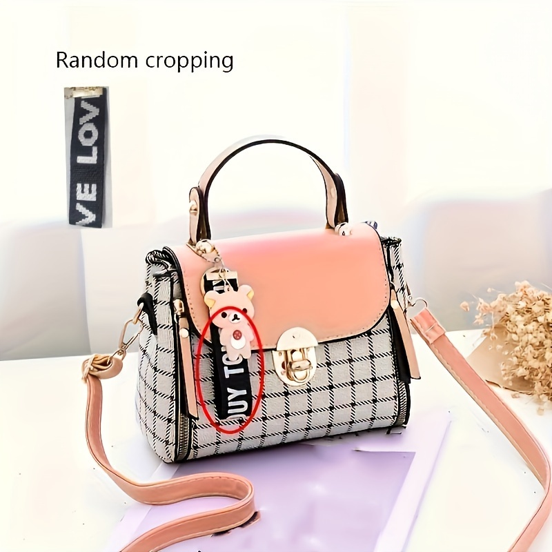 top handle plaid crossbody bag pu leather textured bag purse classic versatile fashion shoulder bag details 3