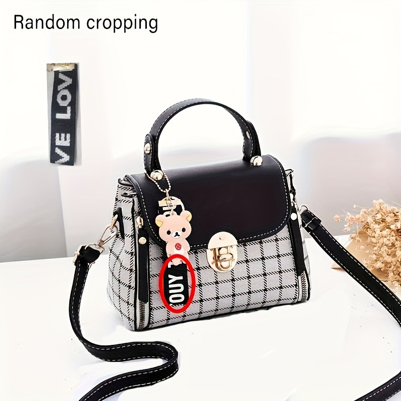 top handle plaid crossbody bag pu leather textured bag purse classic versatile fashion shoulder bag details 4