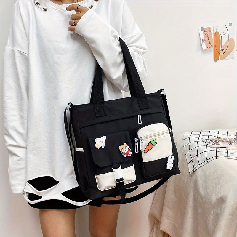 kawaii nylon tote bag large capacity shoulder bag pockets front crossbody bag for women details 0