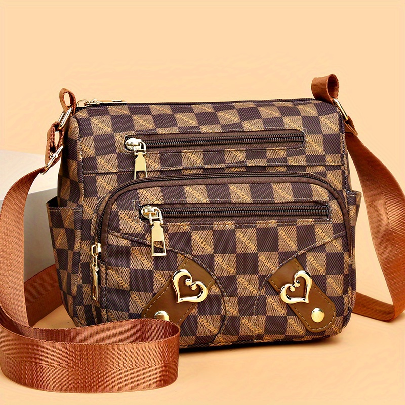 fashion plaid pattern crossbody bag womens multi pockets purse heart decor faux leather shoulder bag details 1