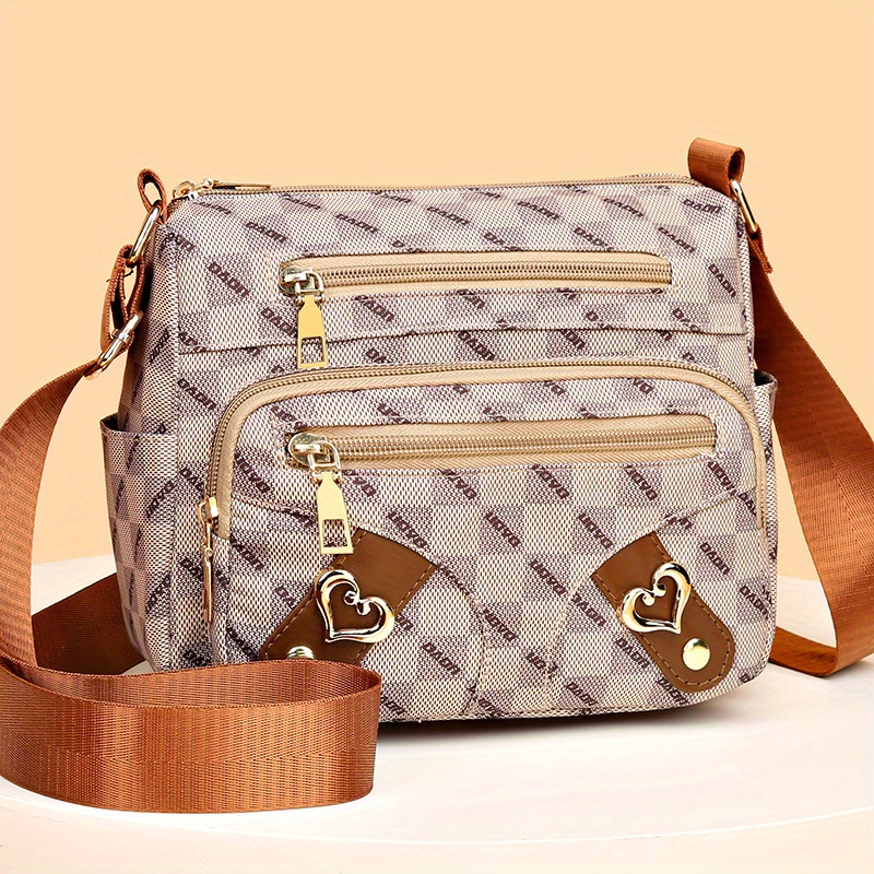 fashion plaid pattern crossbody bag womens multi pockets purse heart decor faux leather shoulder bag details 3