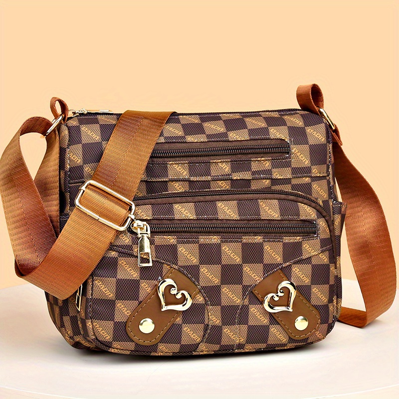 fashion plaid pattern crossbody bag womens multi pockets purse heart decor faux leather shoulder bag details 5