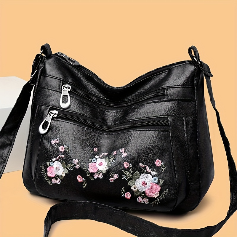 embroidered flower crossbody bag soft pu leather purses fashion shoulder bag for middle aged and elderly women details 0