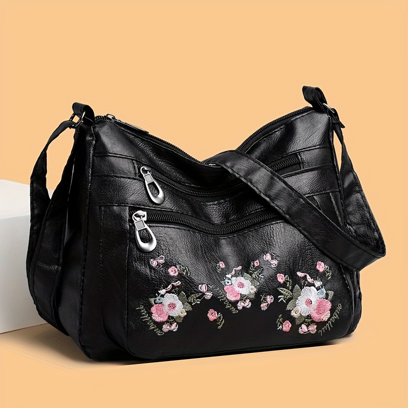 embroidered flower crossbody bag soft pu leather purses fashion shoulder bag for middle aged and elderly women details 1