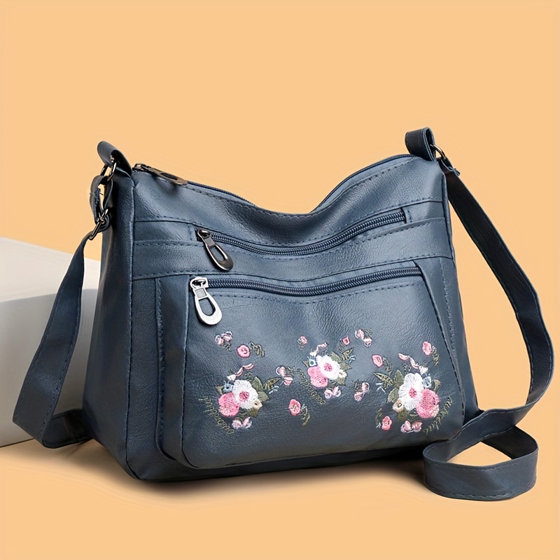 embroidered flower crossbody bag soft pu leather purses fashion shoulder bag for middle aged and elderly women details 2