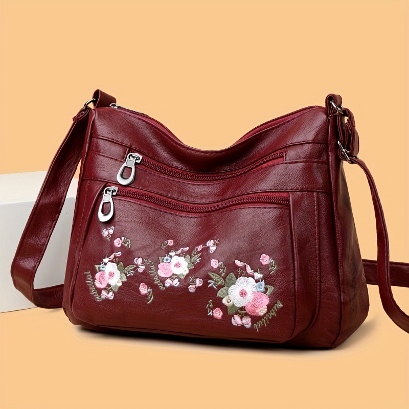 embroidered flower crossbody bag soft pu leather purses fashion shoulder bag for middle aged and elderly women details 4