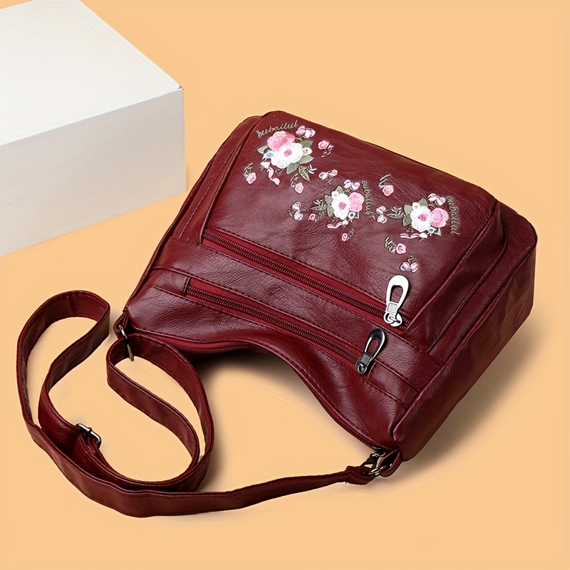 embroidered flower crossbody bag soft pu leather purses fashion shoulder bag for middle aged and elderly women details 5