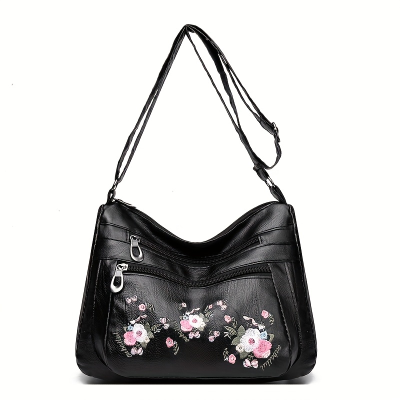 embroidered flower crossbody bag soft pu leather purses fashion shoulder bag for middle aged and elderly women details 7