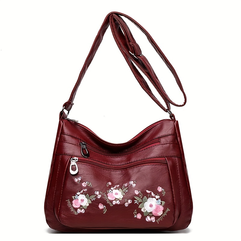 embroidered flower crossbody bag soft pu leather purses fashion shoulder bag for middle aged and elderly women details 8