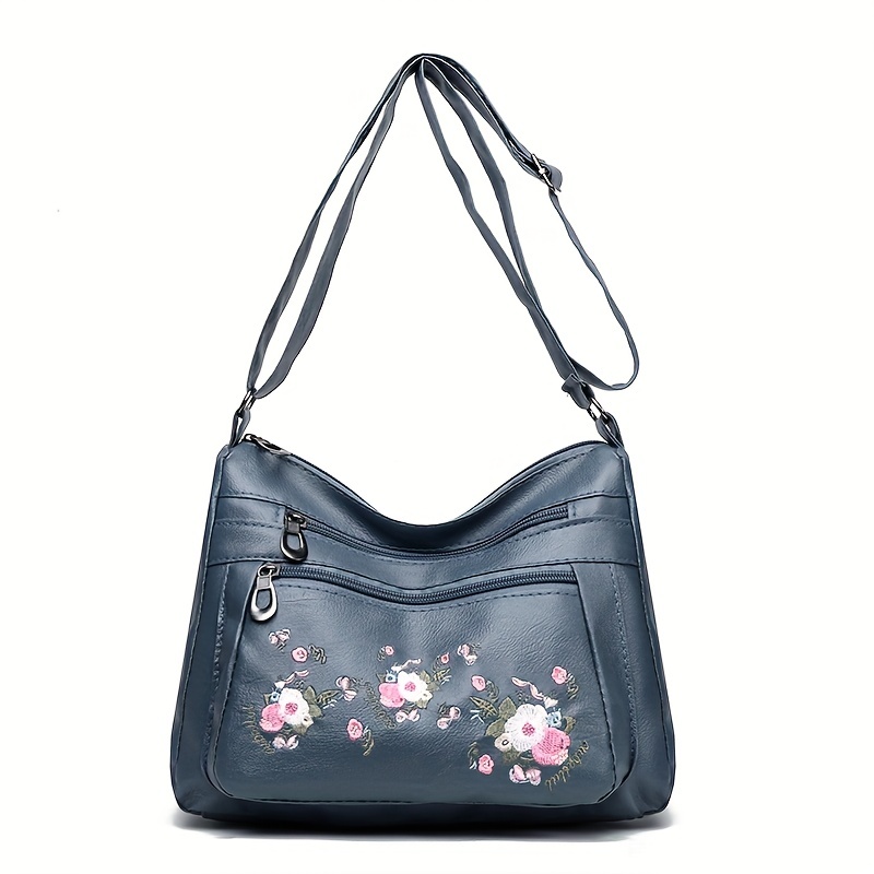 embroidered flower crossbody bag soft pu leather purses fashion shoulder bag for middle aged and elderly women details 9