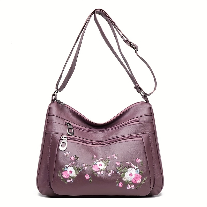 embroidered flower crossbody bag soft pu leather purses fashion shoulder bag for middle aged and elderly women details 10