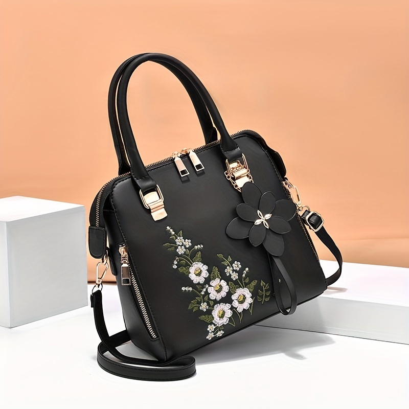 floral detail shoulder bag trendy zipper handbag for work casual crossbody bag womens floral decor purse details 5