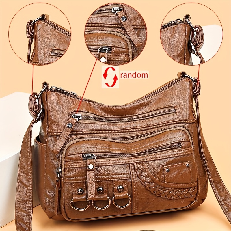 braid detail crossbody bag fashion metal decor shoulder bag womens soft faux leather purse with multi zipper details 5