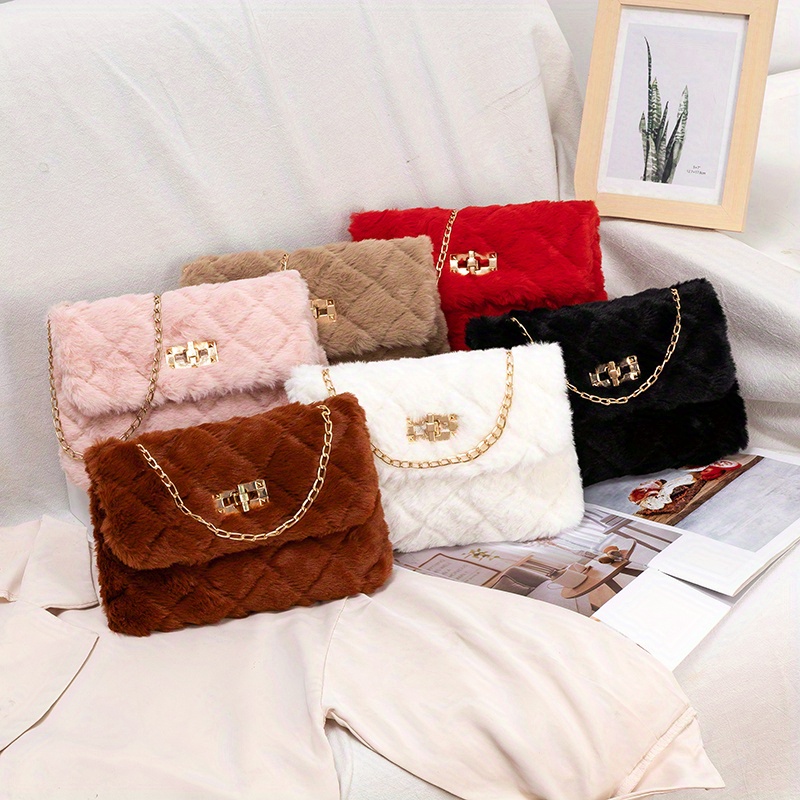 solid color shoulder square plush bag minimalist turn lock chain bag all match purse for shopping details 0