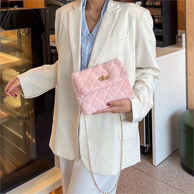 solid color shoulder square plush bag minimalist turn lock chain bag all match purse for shopping details 1