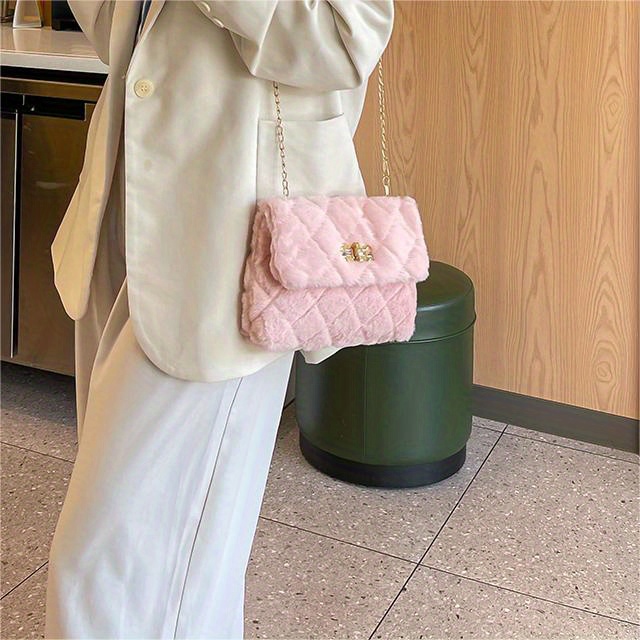 solid color shoulder square plush bag minimalist turn lock chain bag all match purse for shopping details 3