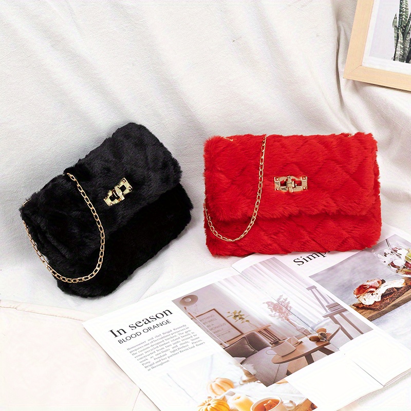 solid color shoulder square plush bag minimalist turn lock chain bag all match purse for shopping details 5