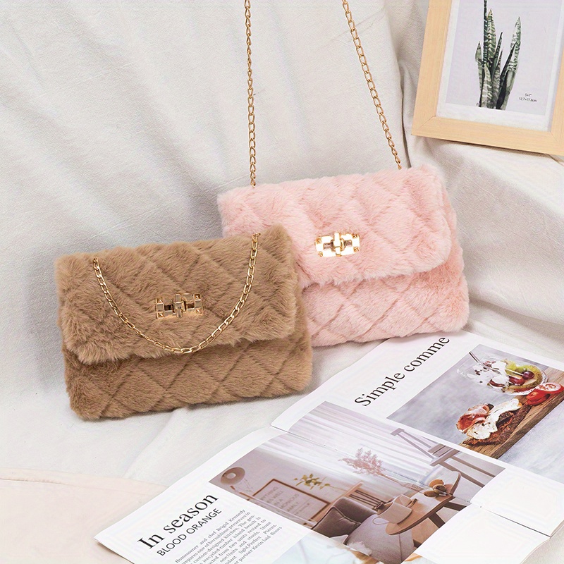 solid color shoulder square plush bag minimalist turn lock chain bag all match purse for shopping details 6