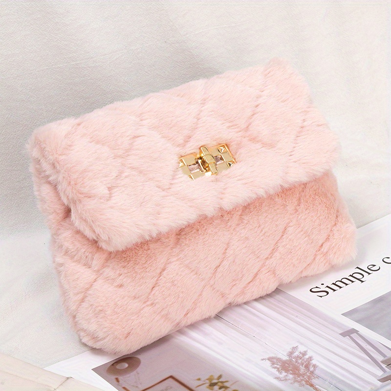 solid color shoulder square plush bag minimalist turn lock chain bag all match purse for shopping details 8