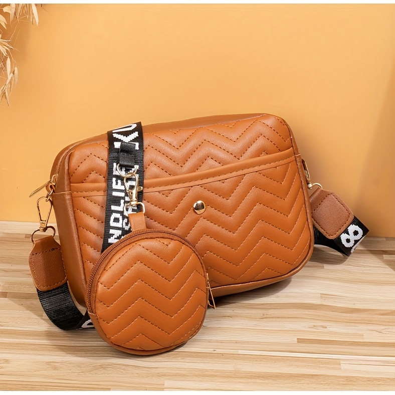 stylish polylines quilted crossbody bag solid color square shoulder bag with round coin bag perfect sling bag for everyday use details 8