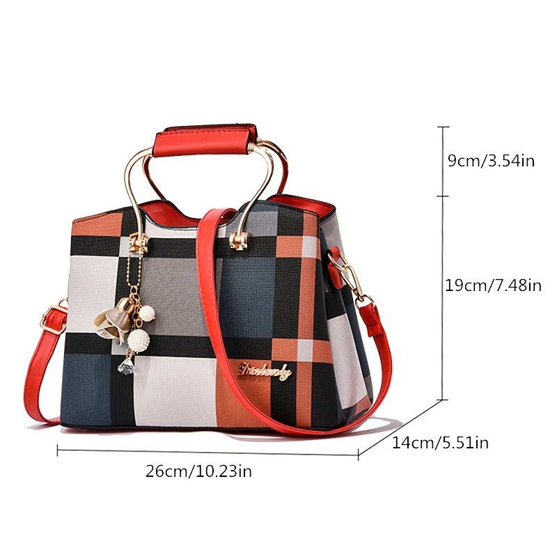 womens colorblock plaid pattern pendant decor shoulder bag crossbody bag handbag details 7